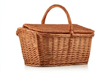 A light brown wicker picnic basket, angled,  with a hinged lid