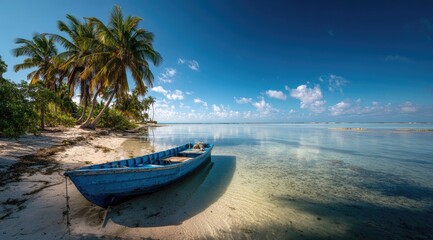 Obraz premium Tranquil beach scene with a weathered blue boat, palm trees, and a calm turquoise lagoon