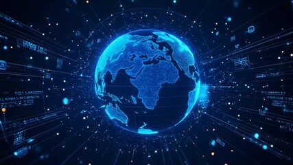Futuristic global network connection visualization with data flow and nodes representing worldwide - Powered by Adobe