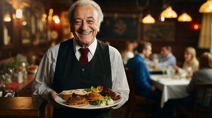 Elderly waiter smiling while serving dish in cozy restaurant setting  