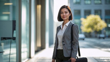Professional Asian woman standing confidently on city street  