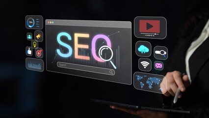 SEO concept for improving SEO visibility, with SEO related digital tools and SEO performance icons...