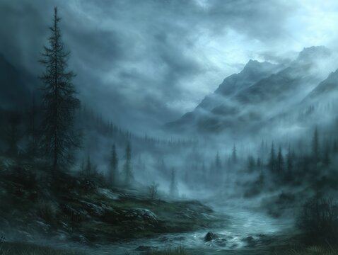 Dark Misty Forest Panorama Fantasy Halloween Landscape, Mysterious Spooky Atmosphere Background for Game Scene Design