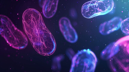 Colorful abstract shapes inspired by mitochondria float through a dark space, featuring glowing outlines and intricate details that highlight their unique forms and structure