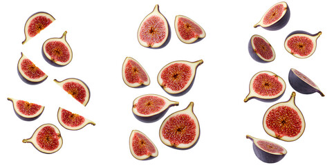 fig fruit falling down set PNG. Figs flying isolated. Purple fall figs full of vitamins suspended in air PNG. Organic, vegan and vegetarian autumn figs isolated for healthy food concepts