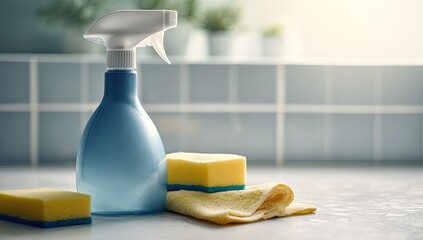 Cleaning supplies on a countertop.  A blue spray bottle and yellow sponges/cloths rest on a white countertop near a tiled backsplash.  Soft light