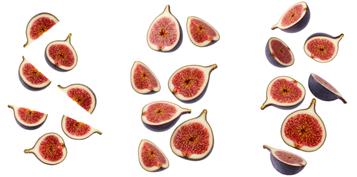 fig fruit falling down set PNG. Figs flying isolated. Purple fall figs full of vitamins suspended in air PNG. Organic, vegan and vegetarian autumn figs isolated for healthy food concepts