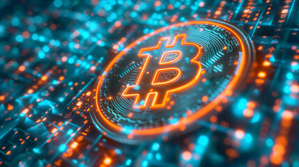 Glowing abstract crypto hologram showcases a bitcoin-style symbol amidst vibrant digital patterns and luminous elements, reflecting the essence of modern financial technology and digital currency
