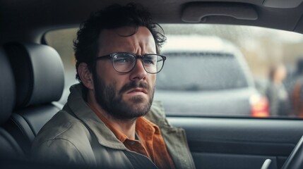 Man with glasses looking serious while sitting in car during rain  
