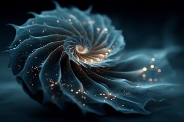 Bio inspired spiral shell design abstractly rendered glowing silver blue colors concept for nature technology