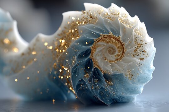 Bio inspired spiral shell design abstractly rendered glowing silver blue colors concept for nature technology