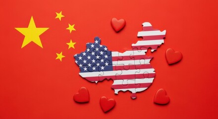 A china map puzzle with american flag design on chinese flag with red heart shapes