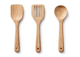 Three wooden kitchen utensils.  Flatlay of a spatula, slotted spoon, and ladle.  Natural wood grain.  Simple design.  White background