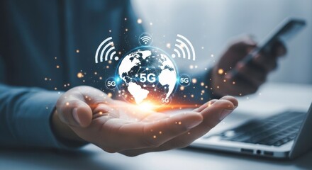 A person holding a globe with wifi symbols and 5g icons in their hand with a phone