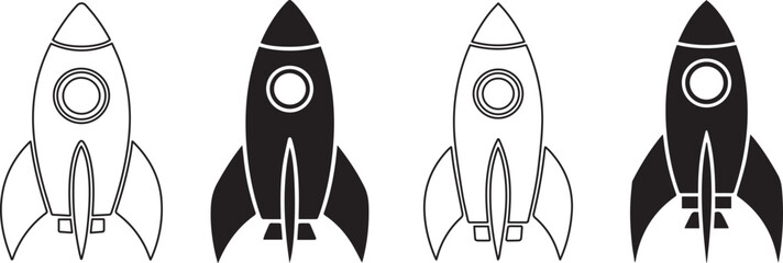 Minimalist rocket ship icons in outline, solid, and filled styles, symbolizing space exploration, startup growth, innovation, technology, progress, and futuristic design