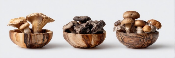 Three wooden bowls filled with different types of mushrooms (2)