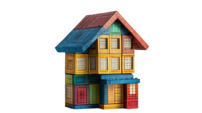 A colorful building made of wooden blocks with a roof and windows against a black background isolated