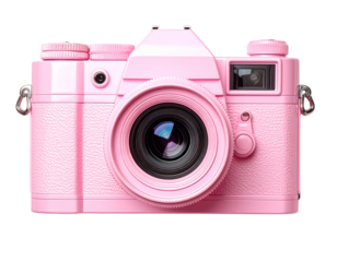  Top-Down Flat Lay of Soft Pink Camera with Elegant Metallic Lens, Isolated Transparent Background PNG