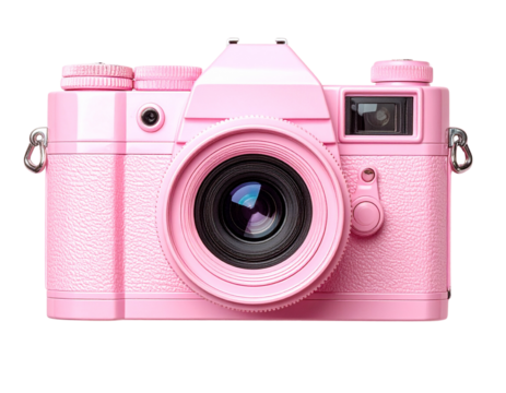  Top-Down Flat Lay of Soft Pink Camera with Elegant Metallic Lens, Isolated Transparent Background PNG