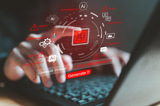 Hacker hands typing on laptop with AI-powered ransomware generation interface showing command prompt and dangerous alerts. Cybercrime concept of artificial intelligence malware creation tools.