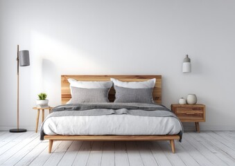 Minimalist bedroom with a light-filled, bright, and airy feel, featuring a wooden bed frame, simple decor, and natural light