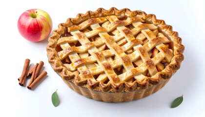 Homemade apple pie with lattice pastry isolated on a white background