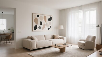Scandinavian-inspired living space with neutral tones and abstract art, radiating modern comfort.