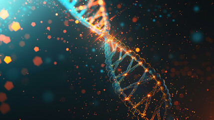 Abstract DNA particle strands are illuminated in a swirling helix formation, showcasing intricate patterns and glowing elements against a dark background, highlighting molecular structure and design