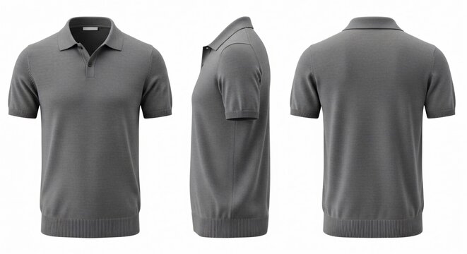 Grey Polo Shirt Front Side Back Views Isolated.