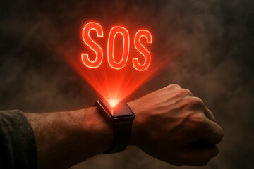 Hand with a Smartwatch Projecting a Glowing Red SOS Emergency Signal

