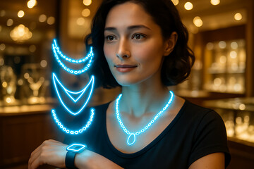 Woman in a Jewelry Store Viewing Holographic Necklace Options