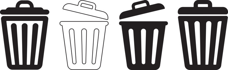 Trash bin icons in outline, solid, and filled styles with lids open and closed, representing delete, remove, recycle, garbage, waste management, and cleaning services