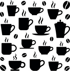 Obraz premium Black and white seamless pattern with steaming coffee cups and coffee beans ideal for restaurant or cafe themes