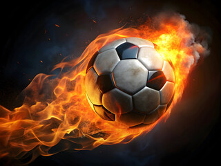 Fototapeta premium Fiery soccer ball engulfed in flames and smoke with glowing embers against a dark background football