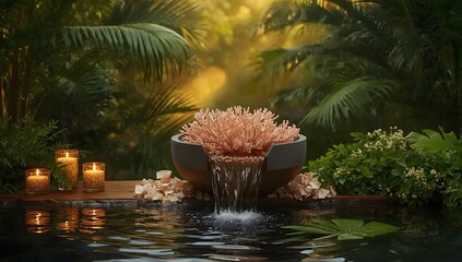 Tropical spa composition with coral and soft candlelight
