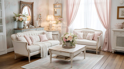 Elegant shabby chic living room with floral pillows and pink curtains interior home