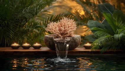 Tropical spa composition with coral and soft candlelight