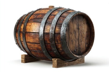 Aged wooden barrel on stand, rich brown hue,  metal bands
