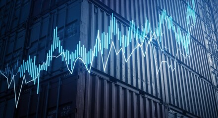 Stacked shipping containers with a superimposed stock market graph overlaying them