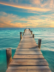 Obraz premium Wooden pier extending into turquoise sea at sunset.