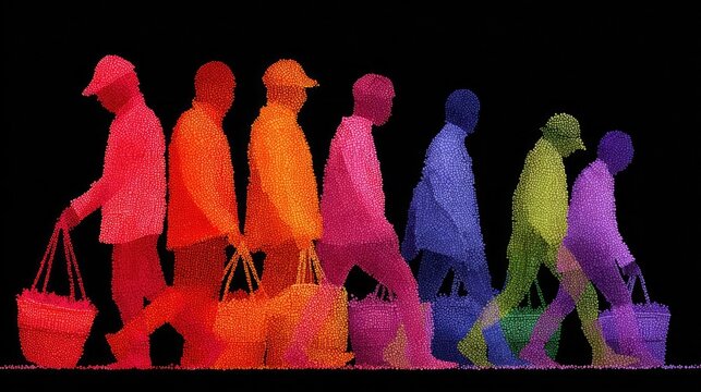 Zoomed rainbow silhouettes carrying glowing baskets of seeds, symbolizing fairness, equality, and planting justice for a brighter future.