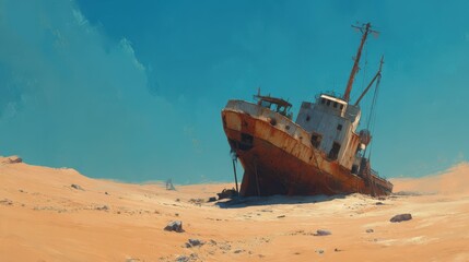 Fototapeta premium Abandoned Ship Surrounded by Desert Sands Under Clear Blue Sky