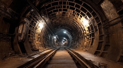 Abandoned Subway Tunnel Interior with Dim Lights and Tracks