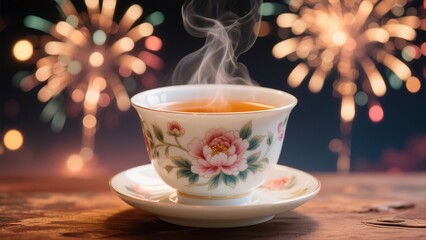 Porcelain teacup with peony motifs, steam rising as bokeh lights mimic festive fireworks.