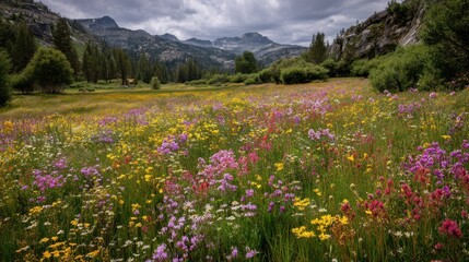 Vibrant Alpine Meadow in Full Bloom Under Cloudy Sky