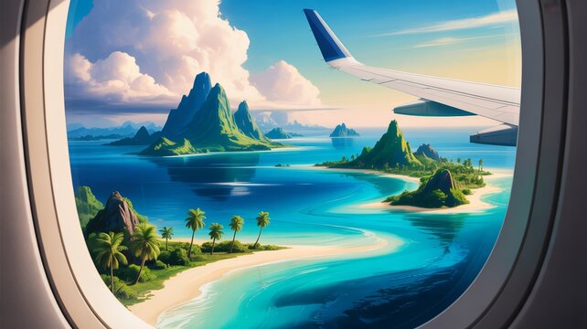 Breathtaking tropical island view from airplane window offers wanderlust and dream vacation getaway vibes