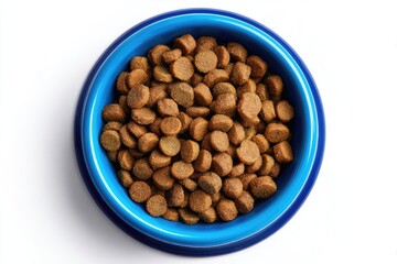 Dog food in a blue bowl, top view.  Small, round, light brown kibble fills bowl