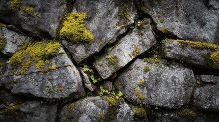 Fototapeta premium Ancient Cracked Stone Wall Covered With Green Moss and Lichen