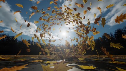 Autumn leaves swirling in a sunlit vortex reflecting on water