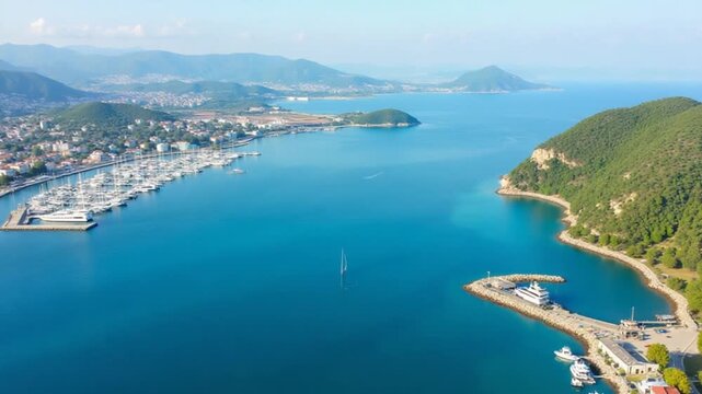 Aerial panoramic view of Balaklava landscape with boats and sea in marina bay. Crimea Sevastopol tourist attraction. Drone top view shot of port for luxury yachts, boats and sailboats.